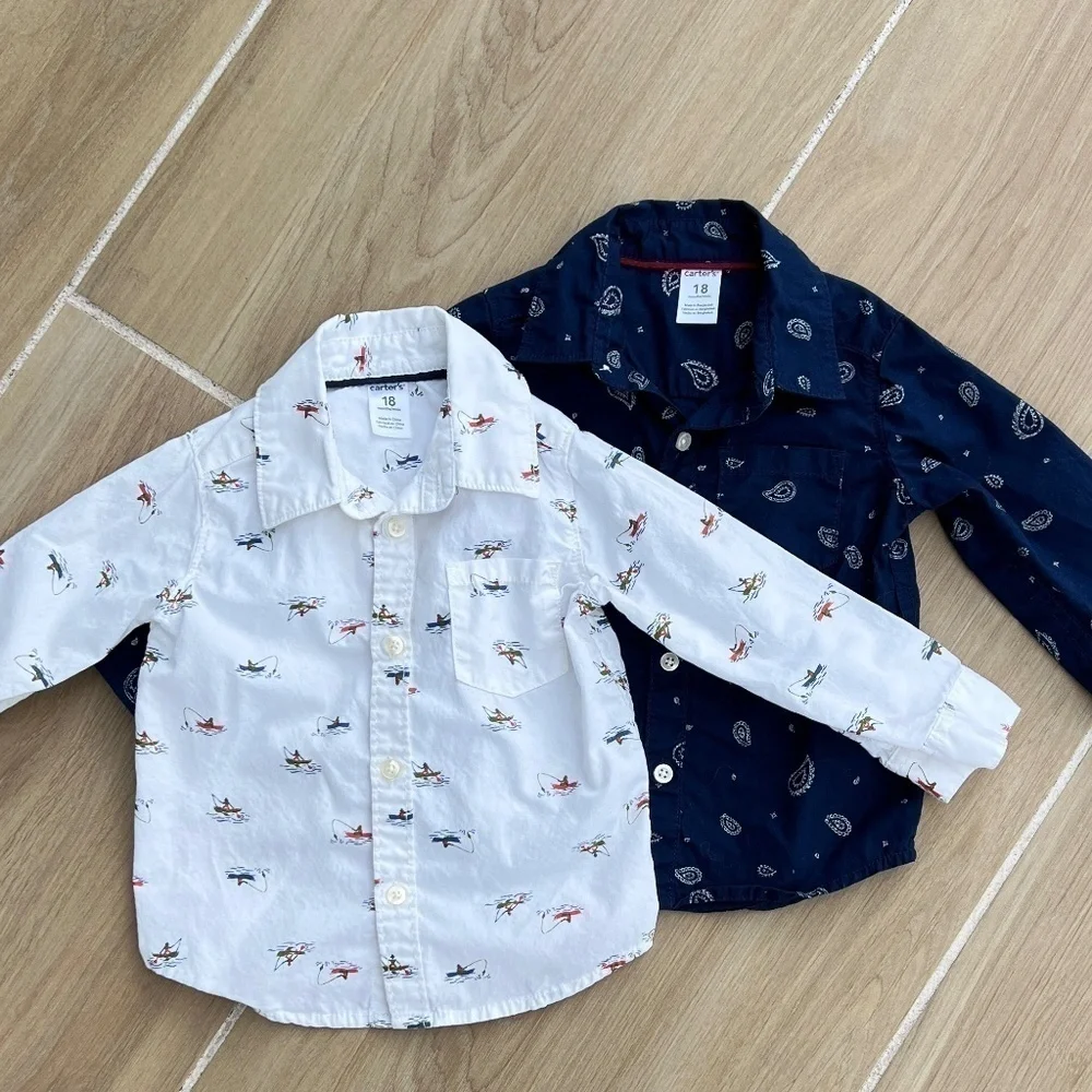 Carter's Size 18 Months Boys Button Down Shirt Bundle Navy & White Long Sleeves